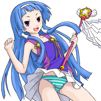 nagi, kannagi, lowres, 00s, 1girl, blunt bangs, clothes lift, female focus, hair tubes, oekaki, panties, pleated skirt, skirt, skirt lift, solo, striped clothes, striped panties, underwear, wand, white skirt