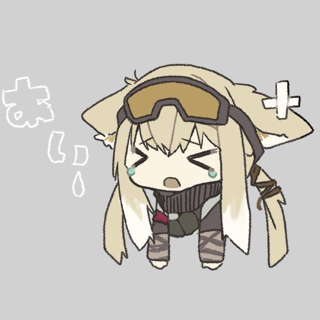 erandhl, suzuran (arknights), suzuran (lostlands flowering) (arknights), arknights, commentary request, > <, 1girl, animal ears, blonde hair, chibi, closed eyes, fox ears, fox girl, goggles, goggles on head, grey background, long hair, official alternate costume, open mouth, simple background, solo, twintails