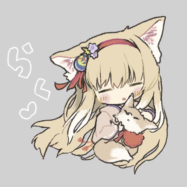 erandhl, suzuran (arknights), suzuran (yukibare) (arknights), arknights, commentary request, 1girl, animal, animal ears, blonde hair, chibi, closed eyes, fox, fox ears, fox girl, grey background, hairband, holding, holding animal, japanese clothes, kimono, long hair, official alternate costume, open mouth, pink kimono, red hairband, simple background, solo