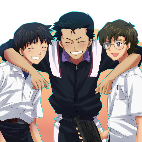 kamosuke, aida kensuke, ikari shinji, suzuhara touji, neon genesis evangelion, 3boys, camcorder, camera, closed eyes, friends, glasses, grin, happy, male focus, multiple boys, smile, video camera