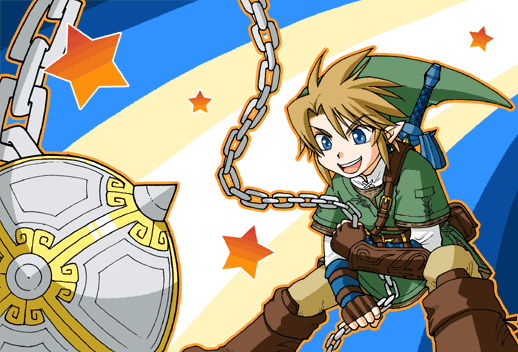 link, nintendo, the legend of zelda, the legend of zelda: twilight princess, 1boy, ball and chain (weapon), blonde hair, blue eyes, flail, gloves, mace, male focus, master sword, pointy ears, smile, solo, spiked ball and chain, sword, weapon