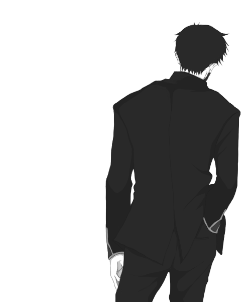 ikari gendou, neon genesis evangelion, non-web source, 1boy, back, beard, facial hair, formal clothes, greyscale, male focus, monochrome, simple background, solo, suit, white background