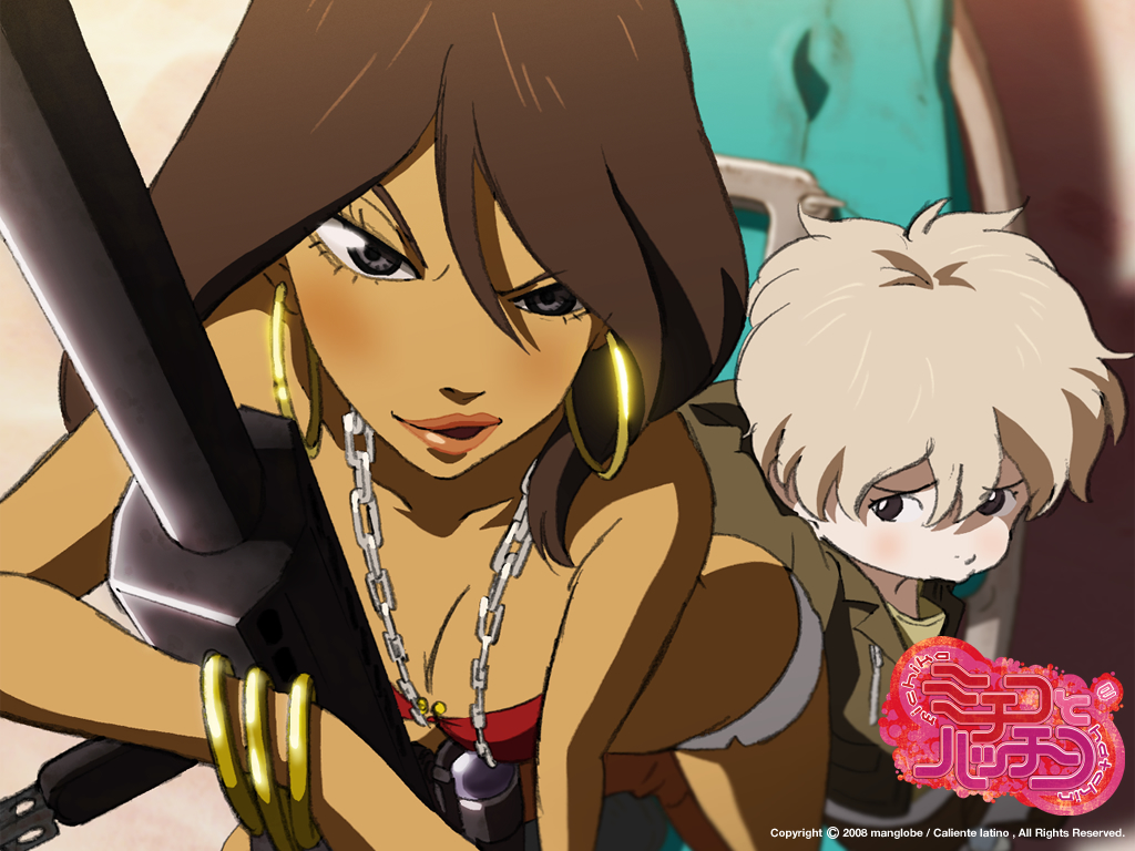 hatchin morenos, michiko malandro, michiko to hacchin, official art, official wallpaper, 2girls, age difference, blush, brown hair, chain, chain necklace, dark-skinned female, dark skin, earrings, female focus, gun, hoop earrings, jewelry, lipstick, makeup, mother and daughter, multiple girls, necklace, rifle, tan, uneven eyes, weapon