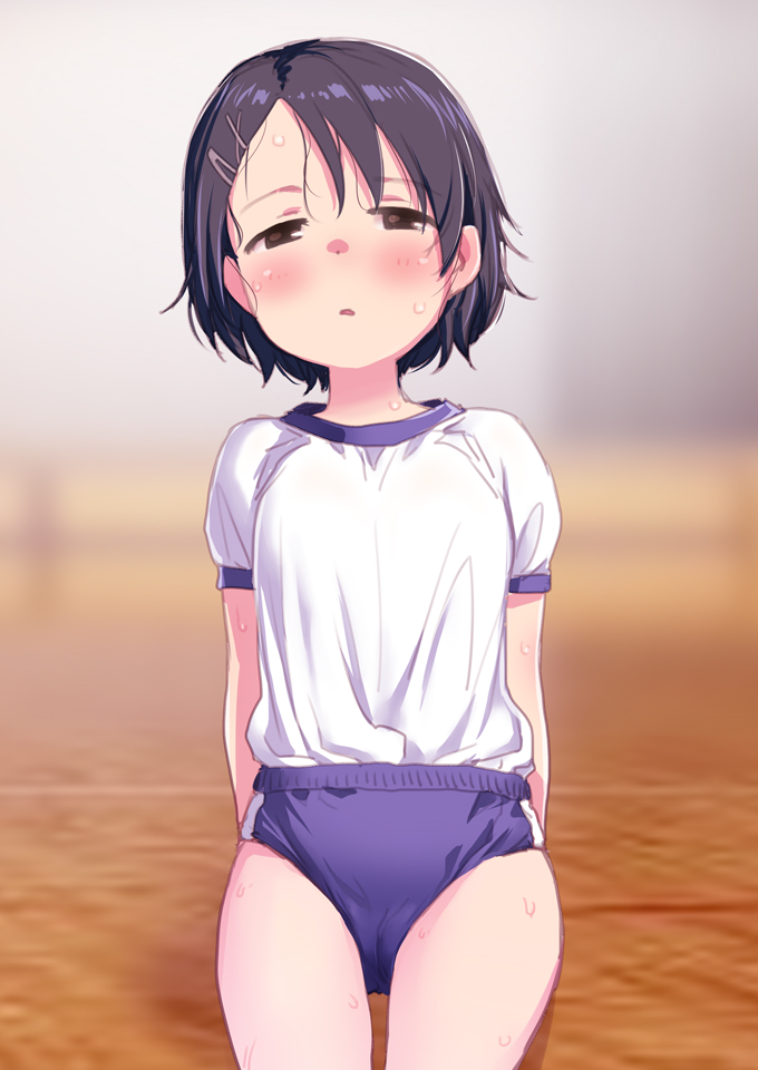 sakaki imasato, sasaki chie, idolmaster, idolmaster cinderella girls, commentary request, 1girl, black hair, blush, brown eyes, buruma, expressionless, gym uniform, looking at viewer, parted lips, short hair, solo, sweat