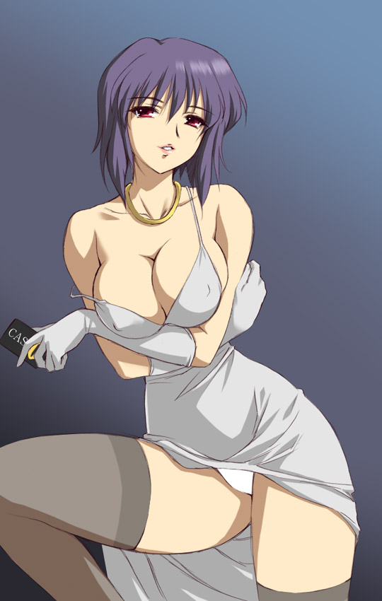 kuroda akimi, kusanagi motoko, ghost in the shell, ghost in the shell: stand alone complex, breast hold, 00s, 1girl, bare shoulders, breasts, cleavage, collarbone, covered erect nipples, curvy, dress, elbow gloves, evening gown, female focus, gloves, gradient background, jewelry, large breasts, leg up, legs, lipstick, makeup, necklace, panties, purple background, purple hair, red eyes, short hair, solo, strap slip, thighhighs, thighs, underwear, white panties