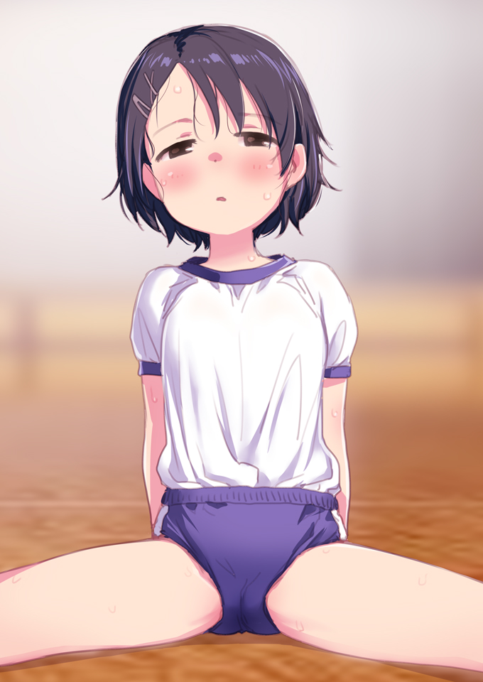 sakaki imasato, sasaki chie, idolmaster, idolmaster cinderella girls, commentary request, 1girl, black hair, blush, brown eyes, buruma, expressionless, gym uniform, looking at viewer, parted lips, short hair, solo, spread legs, sweat