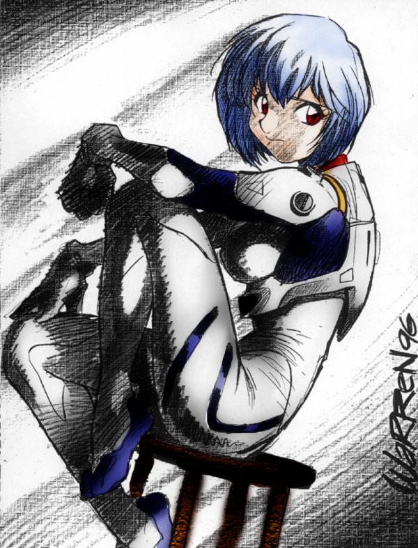 adam warren, ayanami rei, neon genesis evangelion, plugsuit, blue hair, dutch angle, looking back, red eyes, short hair, sitting, sketch, stool