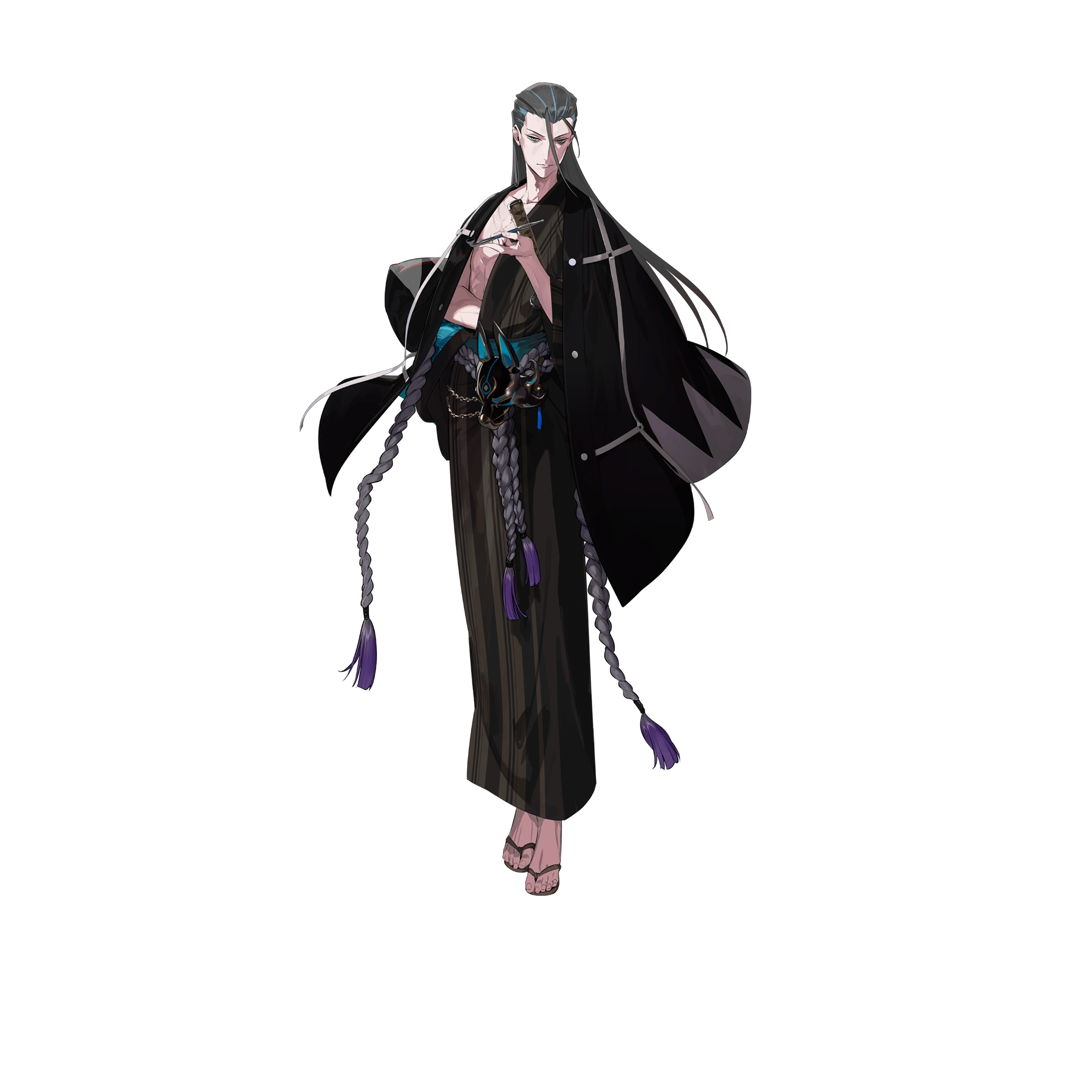 fate/grand order, fate (series), highres, official art, third-party source, variant set, 1boy, black haori, black kimono, blue hair, fox mask, full body, grey eyes, grey hair, hadanugi dousa, hair between eyes, haori, holding, holding smoking pipe, japanese clothes, katana, kimono, kondou isami (fate), long hair, looking at viewer, male focus, mask, multicolored hair, open kimono, rope belt, sandals, smoking pipe, solo, standing, streaked hair, sword, tachi-e, tassel, transparent background, two-tone hair, unworn mask, weapon