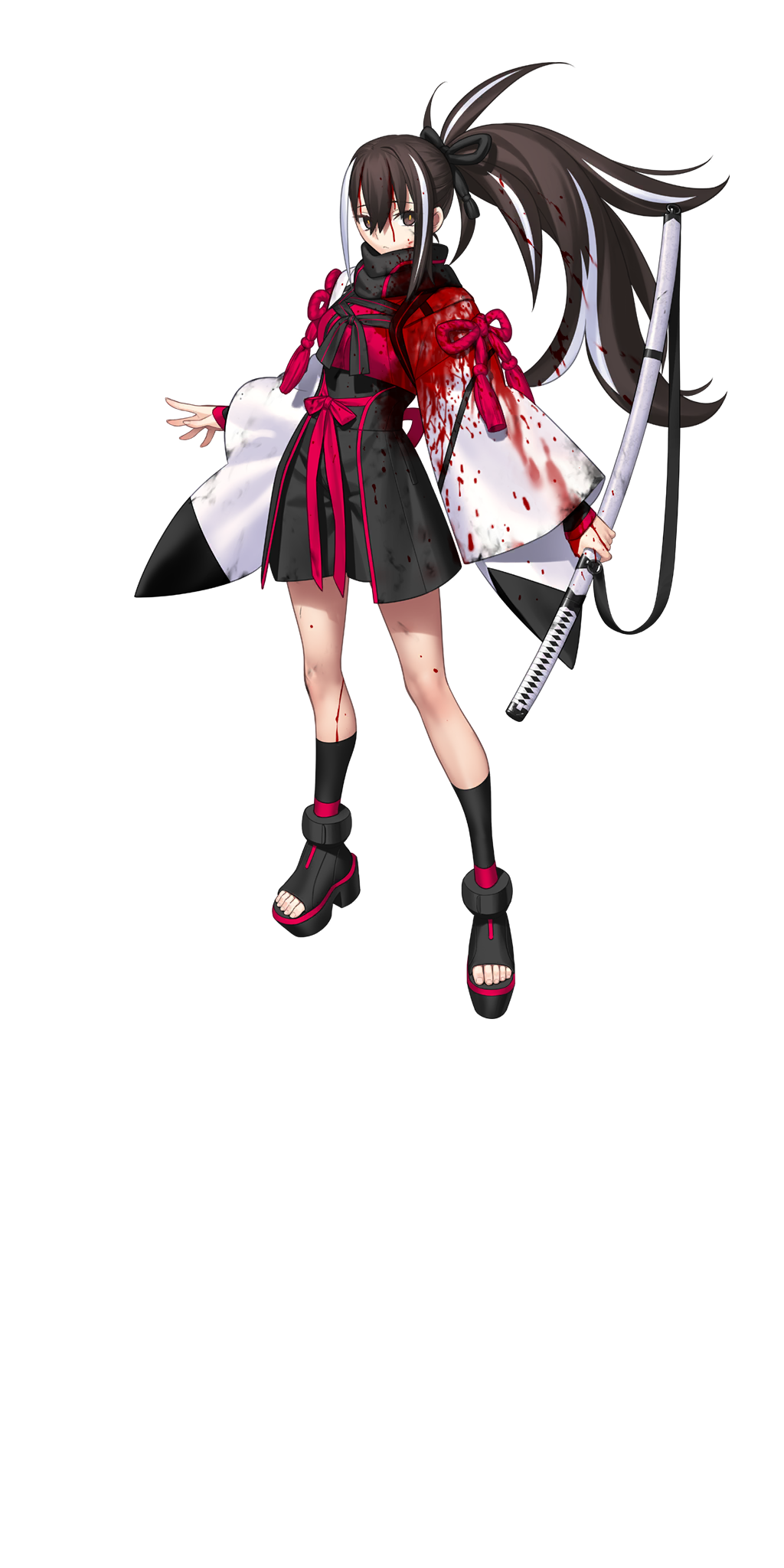 takeuchi takashi, kawakami gensai (fate), fate/grand order, fate (series), highres, large variant set, official art, third-party source, variant set, 1girl, black ribbon, black scarf, black shoes, black shorts, black socks, blood, blood in hair, blood on clothes, blood on face, blood splatter, brown eyes, brown hair, full body, hair ribbon, haori, holding, holding sword, holding weapon, japanese clothes, katana, long hair, looking at viewer, multicolored hair, ponytail, red ribbon, ribbon, scarf, shirt, shoes, shorts, socks, solo, standing, streaked hair, sword, tachi-e, transparent background, two-tone hair, weapon, white hair, white haori