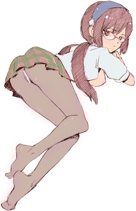nyoriko, makinami mari illustrious, evangelion: 2.0 you can (not) advance, neon genesis evangelion, rebuild of evangelion, bad id, bad pixiv id, 00s, 1girl, ass, breasts, brown eyes, brown hair, censored, female focus, full body, glasses, hairband, long hair, lying, medium breasts, open clothes, open shirt, pantyhose, plaid clothes, plaid skirt, shirt, simple background, skirt, solo, twintails
