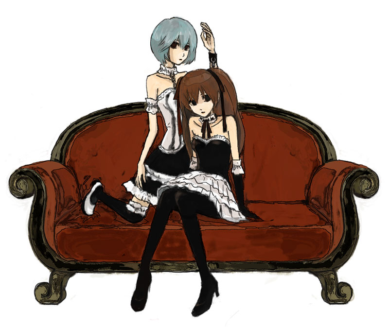 ayanami rei, souryuu asuka langley, neon genesis evangelion, non-web source, 2girls, bare shoulders, black eyes, blue hair, collar, couch, dress, elbow gloves, empty eyes, frills, gloves, gothic lolita, high heels, kneeling, lolita fashion, long hair, multiple girls, pantyhose, red hair, red upholstery, shoes, short hair, twintails