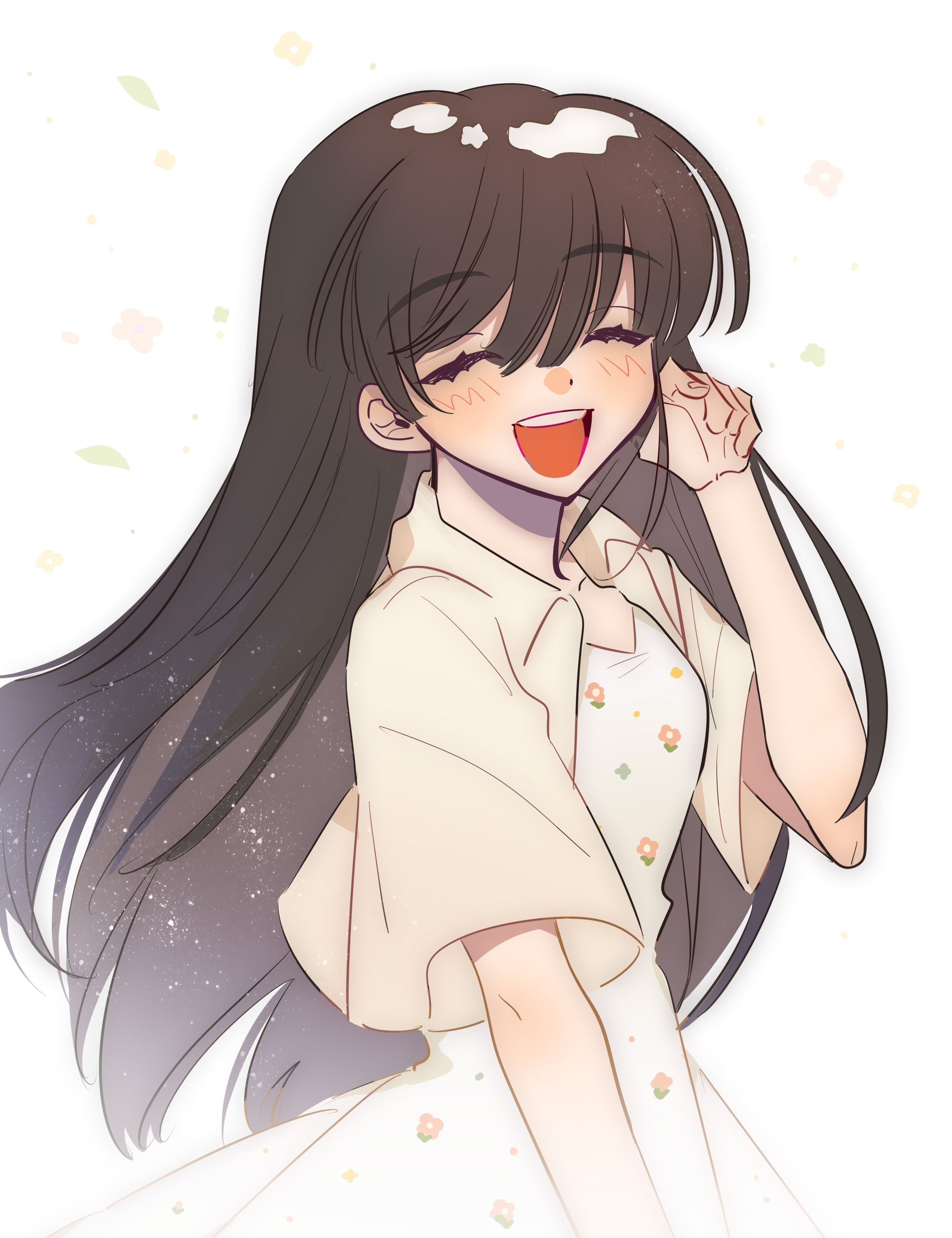 mari (faraway) (omori), mari (omori), omori, absurdres, commentary, highres, symbol-only commentary, 1girl, 20025950 (lofter), :d, ^ ^, black hair, bloom, blush, breasts, closed eyes, dress, facing viewer, fingernails, floral print, floral print dress, hair between eyes, hand up, jacket, light particles, long hair, open clothes, open jacket, open mouth, print dress, short-sleeved jacket, short sleeves, simple background, small breasts, smile, solo, straight hair, swept bangs, teeth, upper body, upper teeth only, very long hair, white background, white dress, yellow jacket