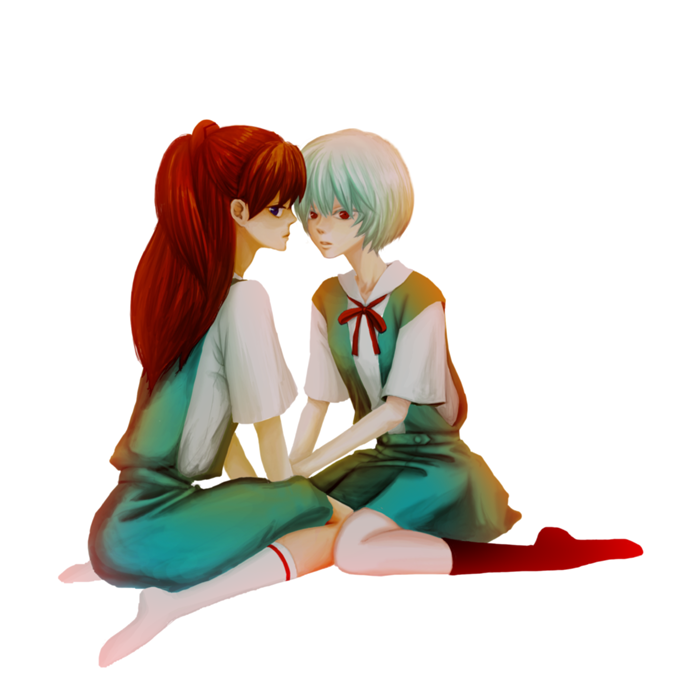 ayanami rei, souryuu asuka langley, neon genesis evangelion, 2girls, blue eyes, blue hair, holding hands, kneehighs, kneeling, long hair, looking back, multiple girls, red eyes, red hair, school uniform, serafuku, short hair, socks, yuri