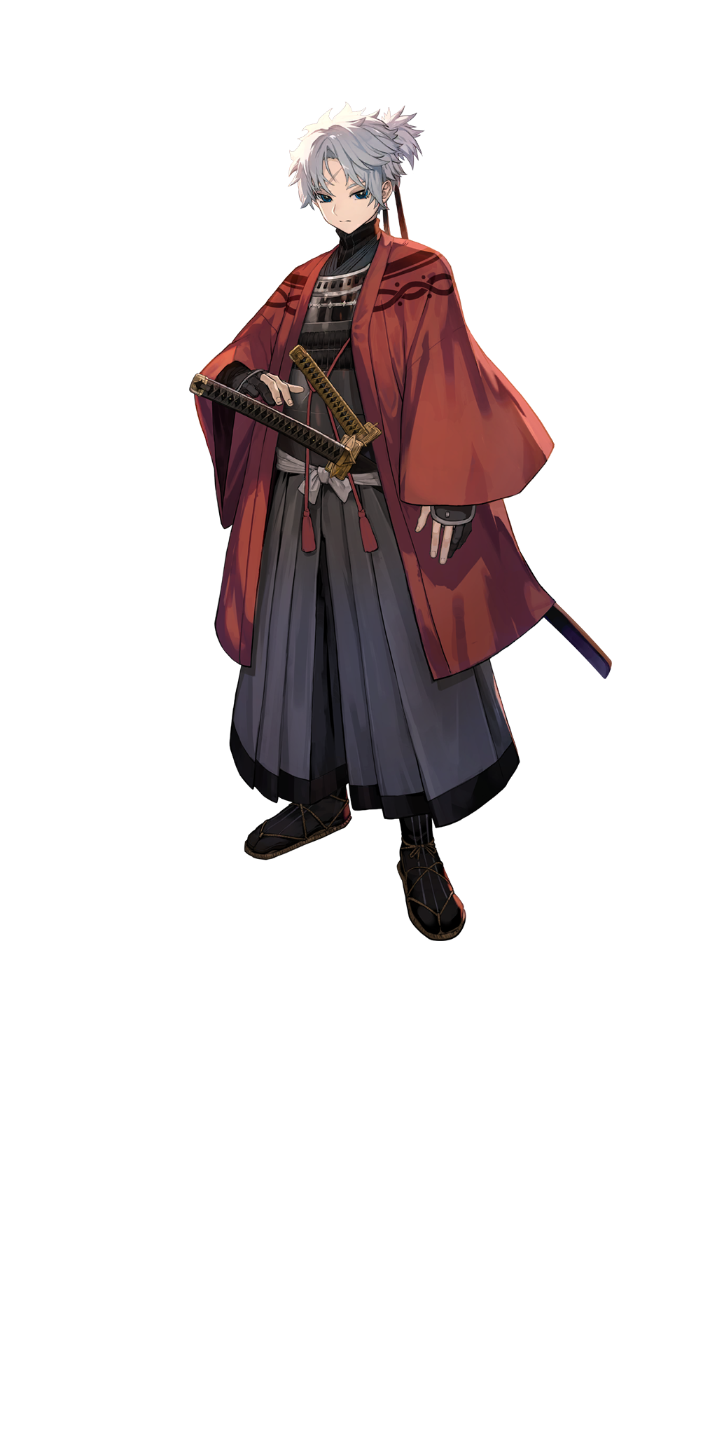 lack, fate/grand order, fate (series), highres, official art, third-party source, variant set, 1boy, armor, black gloves, black hakama, black kimono, black socks, blue eyes, full body, gloves, hakama, haori, japanese armor, japanese clothes, katana, kimono, looking at viewer, male focus, partially fingerless gloves, ponytail, red haori, sandals, scar, scar on face, scar on forehead, shinsengumi, short hair, socks, solo, standing, sword, tachi-e, toudou heisuke (fate), transparent background, turtleneck, weapon, white hair