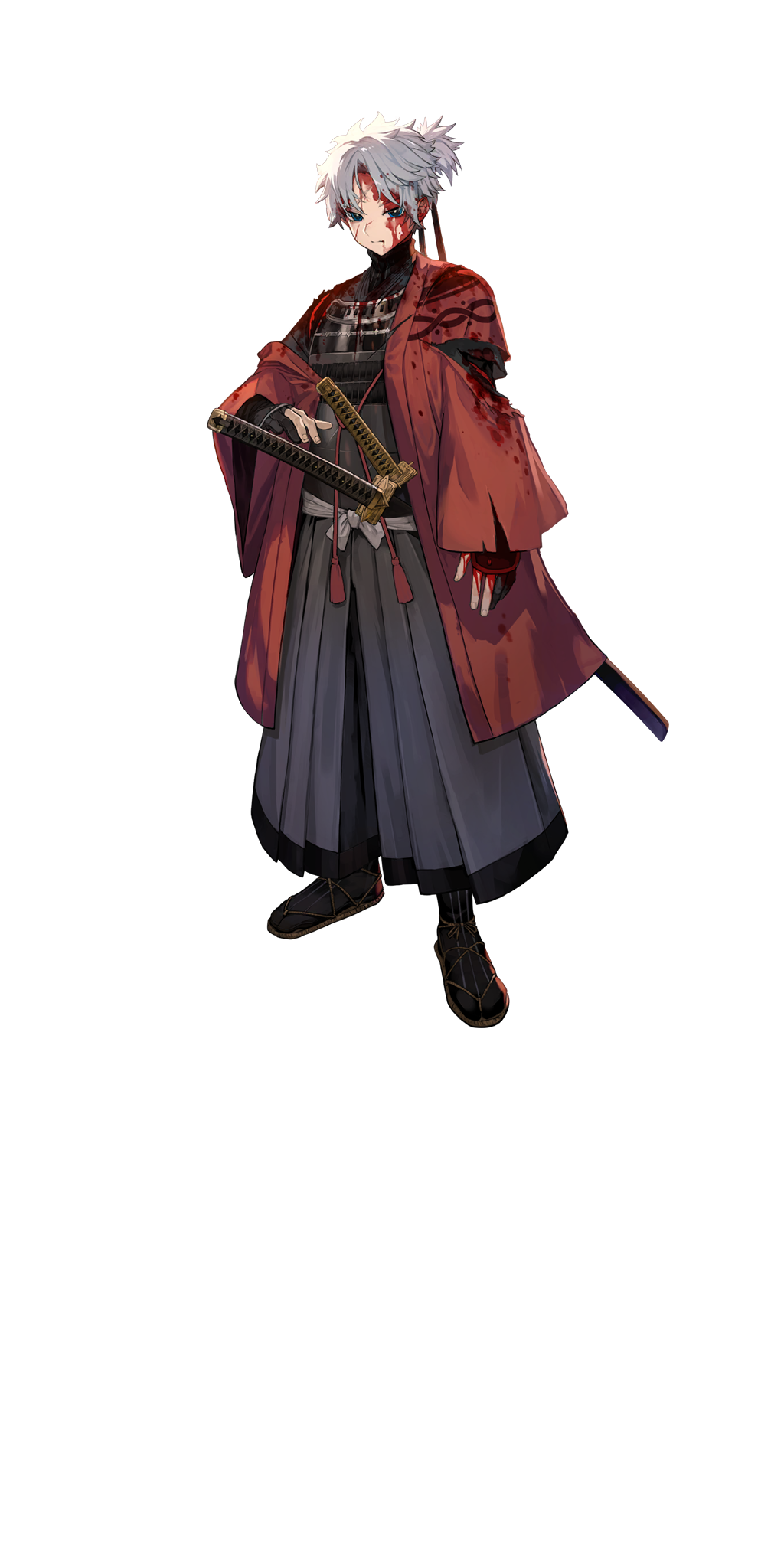 lack, fate/grand order, fate (series), highres, official art, third-party source, variant set, 1boy, armor, black gloves, black hakama, black kimono, black socks, blood, blood on clothes, blood on face, blue eyes, full body, gloves, hakama, haori, japanese armor, japanese clothes, katana, kimono, looking at viewer, male focus, partially fingerless gloves, ponytail, red haori, sandals, scar, scar on face, scar on forehead, shinsengumi, short hair, socks, solo, standing, sword, tachi-e, torn clothes, toudou heisuke (fate), transparent background, turtleneck, weapon, white hair