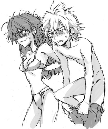 nyoriko, nagisa kaworu, souryuu asuka langley, neon genesis evangelion, lowres, non-web source, 1boy, 1girl, blush, bra, dressing, greyscale, lingerie, long hair, messy hair, monochrome, panties, underwear, underwear only, undressing