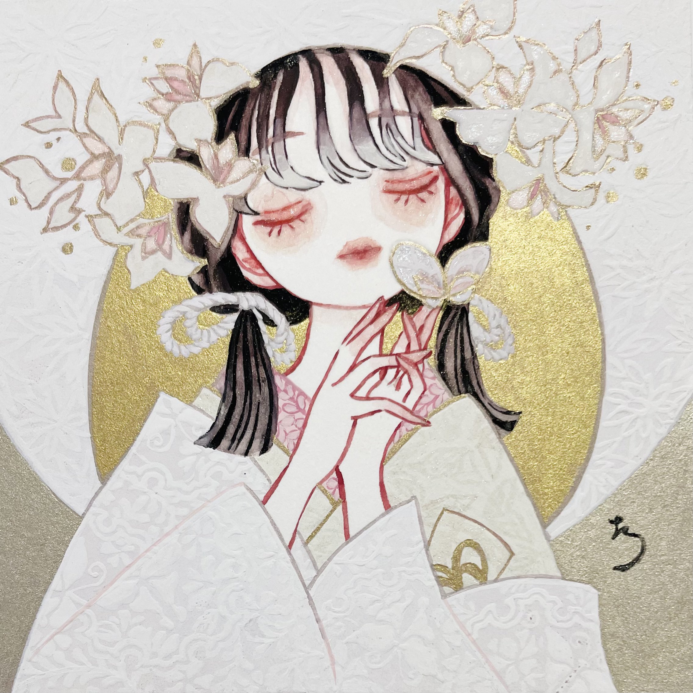shiguretau, original, highres, 1girl, black hair, bug, butterfly, closed eyes, colored fingertips, eyelashes, eyeshadow, flower, insect, japanese clothes, kimono, layered kimono, lips, long hair, low twintails, makeup, portrait, red eyeshadow, red lips, rope, shiromuku, signature, solo, twintails, uchikake, white kimono, wide sleeves