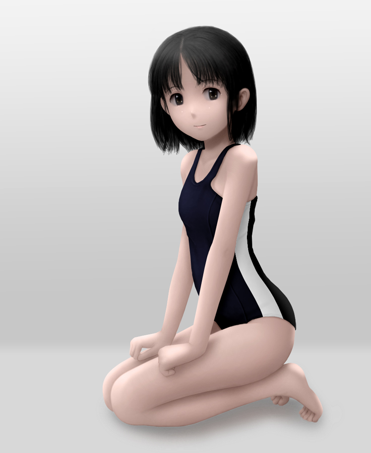 siraha, original, bad id, bad pixiv id, 1girl, barefoot, black eyes, black hair, black one-piece swimsuit, female focus, kneeling, one-piece swimsuit, school swimsuit, short hair, solo, swimsuit
