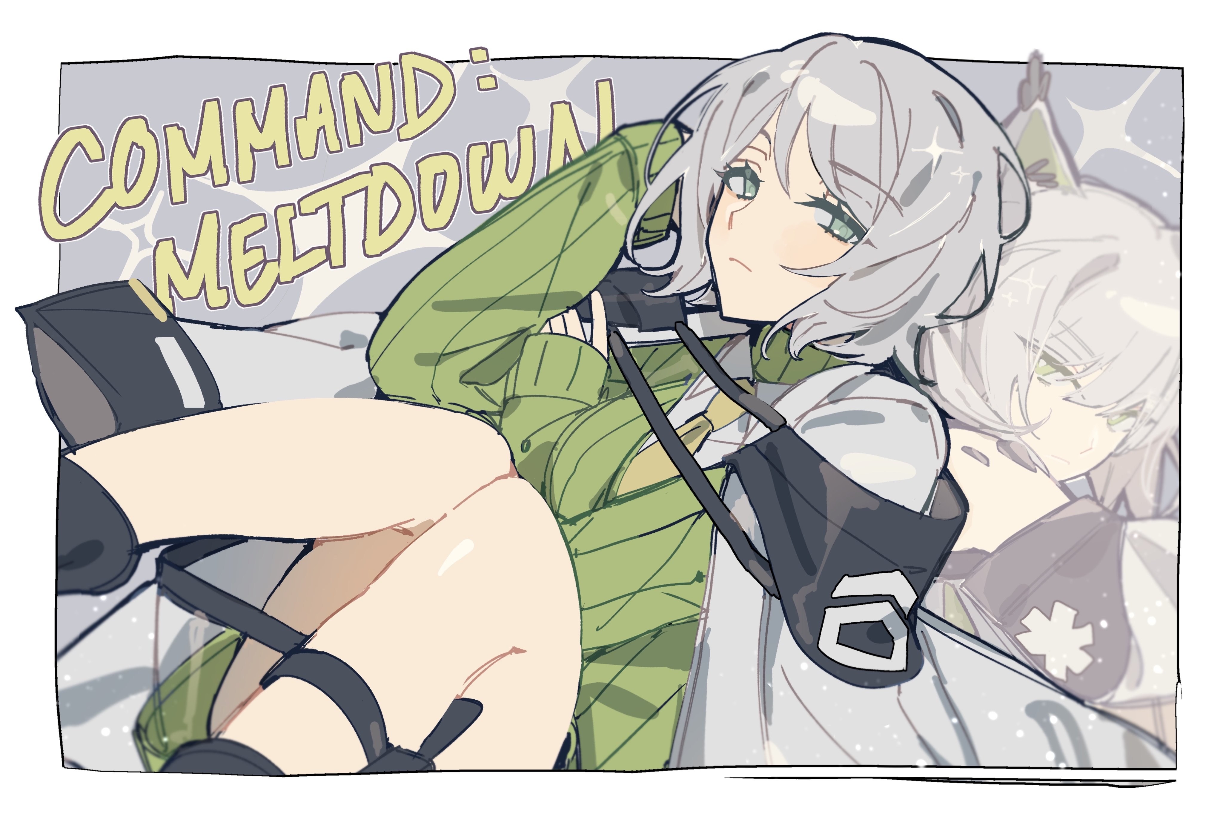 lopi, faust (project moon), kal'tsit (arknights), arknights, limbus company, project moon, absurdres, highres, 2girls, animal ears, arm behind head, border, command:meltdown (e.g.o), crossover, e.g.o (project moon), frown, green eyes, green sweater, grey hair, looking at viewer, multiple girls, necktie, outside border, shirt, short hair, solo focus, sweater, white border, white shirt, yellow necktie