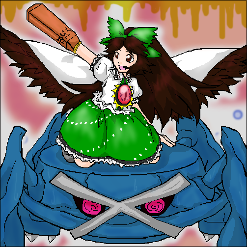 loo, toorimon, metagross, reiuji utsuho, nintendo, pokemon, touhou, 1girl, :d, arm cannon, black hair, black wings, brooch, cross, crossover, female focus, gem, gen 3 pokemon, jewelry, looking at viewer, open mouth, pink eyes, pokemon (creature), ponytail, puffy short sleeves, puffy sleeves, red eyes, short sleeves, smile, standing, third eye, weapon, wings