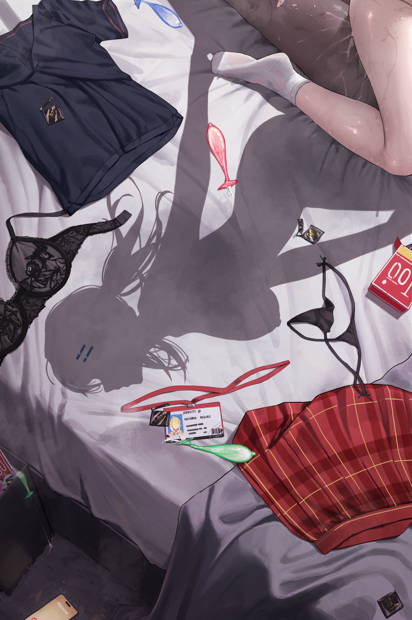 a1ter, hachimiya meguru, idolmaster, idolmaster shiny colors, absurdres, highres, 1boy, 1girl, ahoge, bed, bed sheet, bedroom, black bra, black panties, blue shirt, bra, breasts, condom, condom box, condom wrapper, cowgirl position, cum, dark-skinned male, dark skin, from above, girl on top, hair flaps, hair ornament, hairclip, hetero, id card, implied nudity, indoors, interracial, lanyard, large breasts, long hair, low twintails, multiple condoms, nipples, okamoto condoms, on bed, panties, plaid clothes, plaid skirt, polo shirt, red skirt, sex, shadow, shirt, silhouette, skirt, socks, straddling, string panties, sweat, thong, twintails, underwear, unworn bra, unworn clothes, unworn lanyard, unworn panties, unworn skirt, used condom, white socks