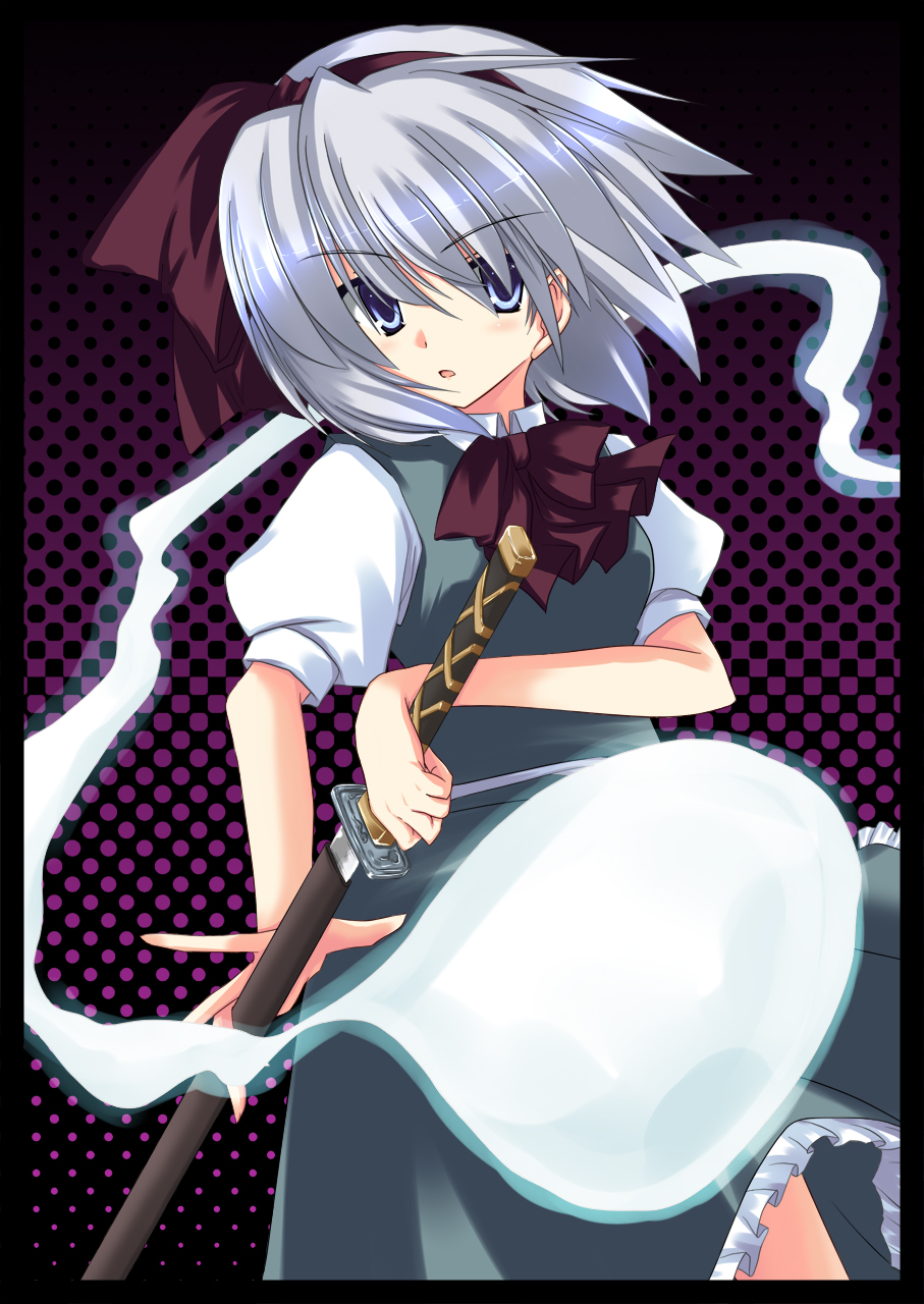 akane souichi, konpaku youmu, konpaku youmu (ghost), touhou, silver hair, bad id, bad pixiv id, highres, 1girl, blue eyes, female focus, fighting stance, ghost, hairband, hitodama, katana, ready to draw, ribbon, sheath, sheathed, short hair, skirt, solo, sword, weapon