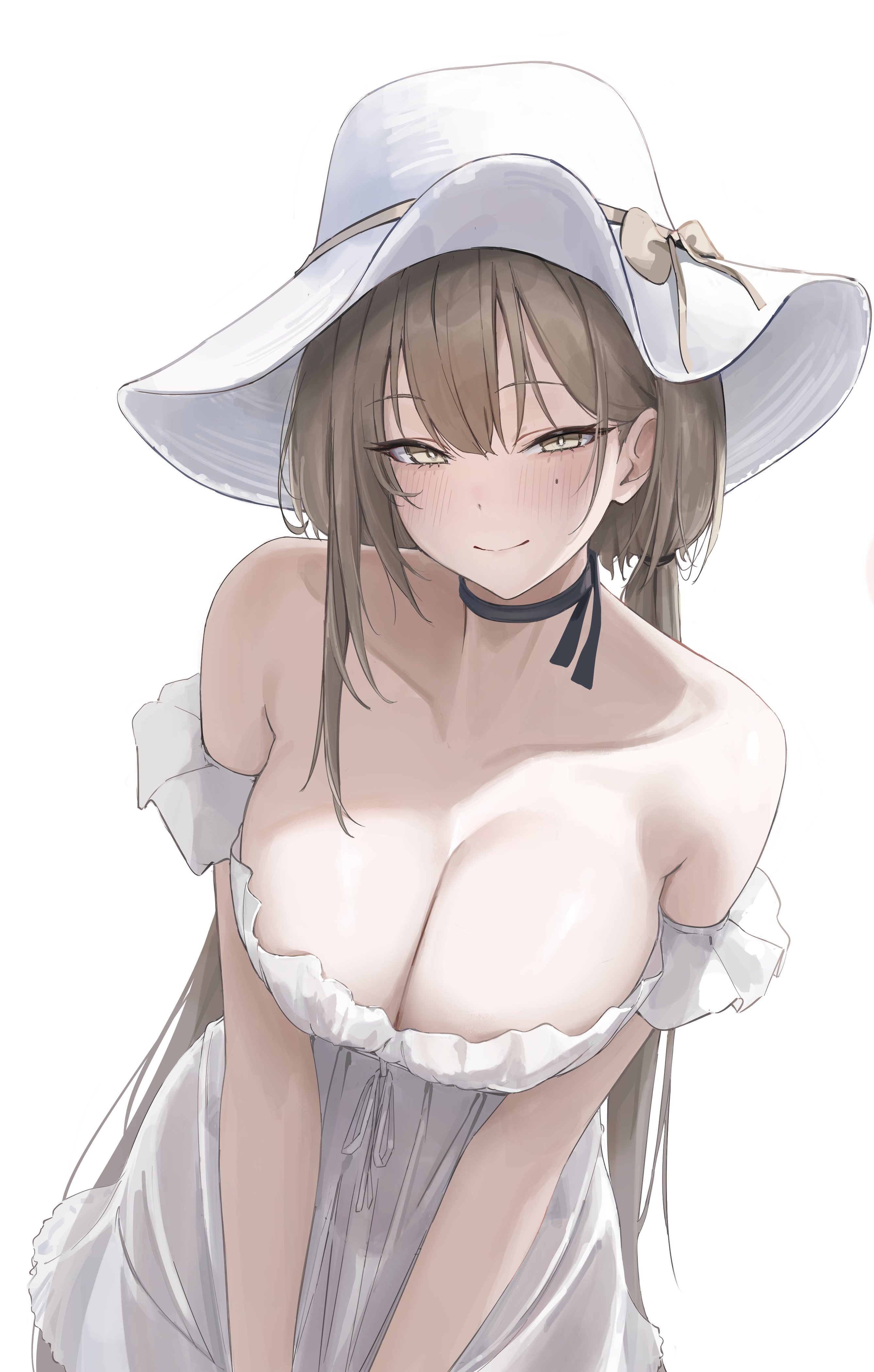 laneigu, yuzu (laneigu), original, absurdres, highres, 1girl, bare shoulders, black choker, blonde hair, blush, breasts, choker, cleavage, closed mouth, dress, hair behind ear, hair between eyes, hat, large breasts, long hair, off-shoulder dress, off shoulder, smile, solo, sun hat, sundress, white dress, white hat, yellow eyes