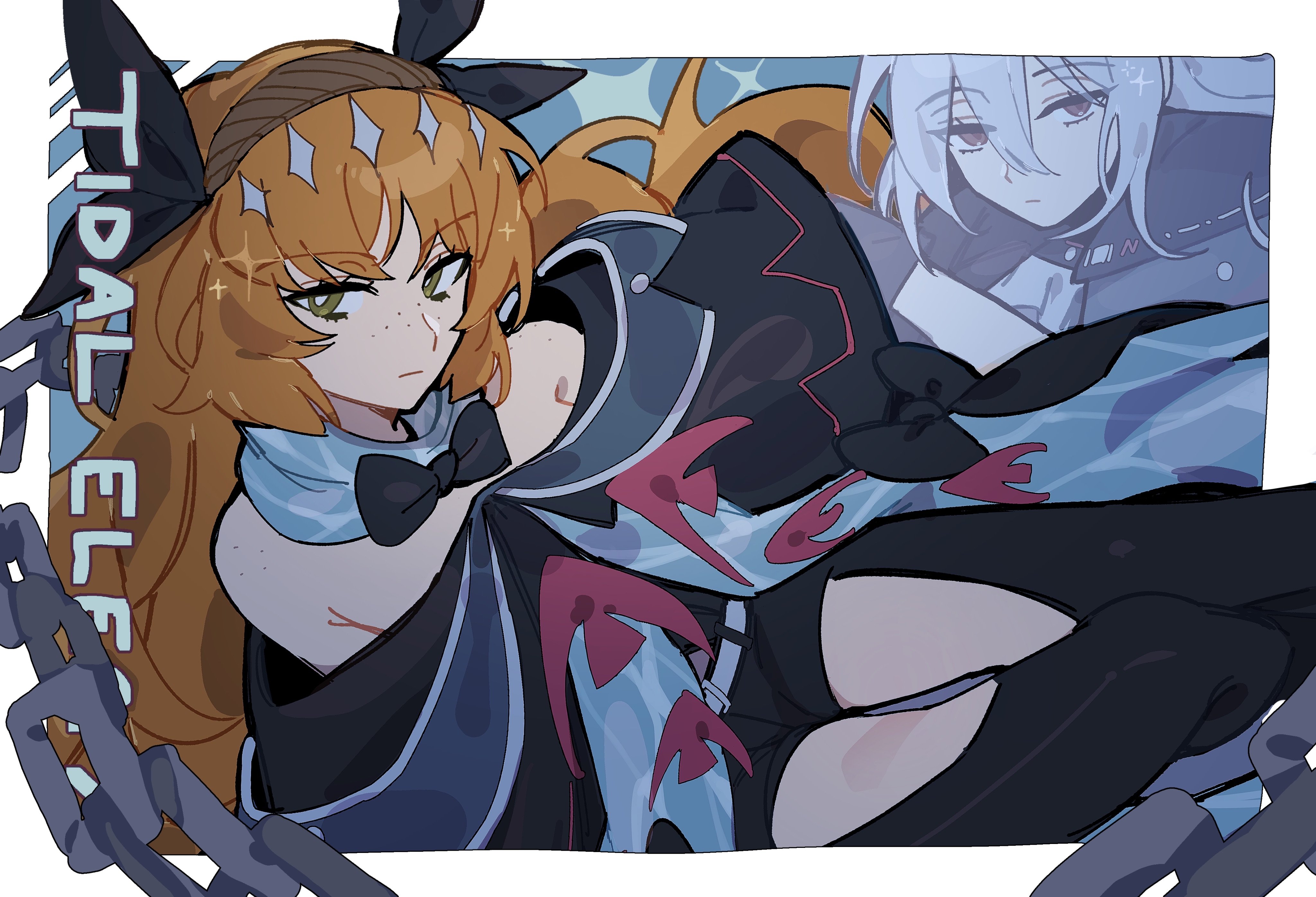 lopi, ishmael (project moon), skadi (arknights), arknights, limbus company, project moon, absurdres, highres, 2girls, armpit crease, black bow, black bowtie, body freckles, bow, bowtie, bright pupils, brown hairband, chain, clothing cutout, crossover, e.g.o (project moon), freckles, green eyes, hairband, long hair, looking at viewer, multiple girls, orange hair, shoulder freckles, solo focus, thigh cutout, tidal elegy (e.g.o), white pupils