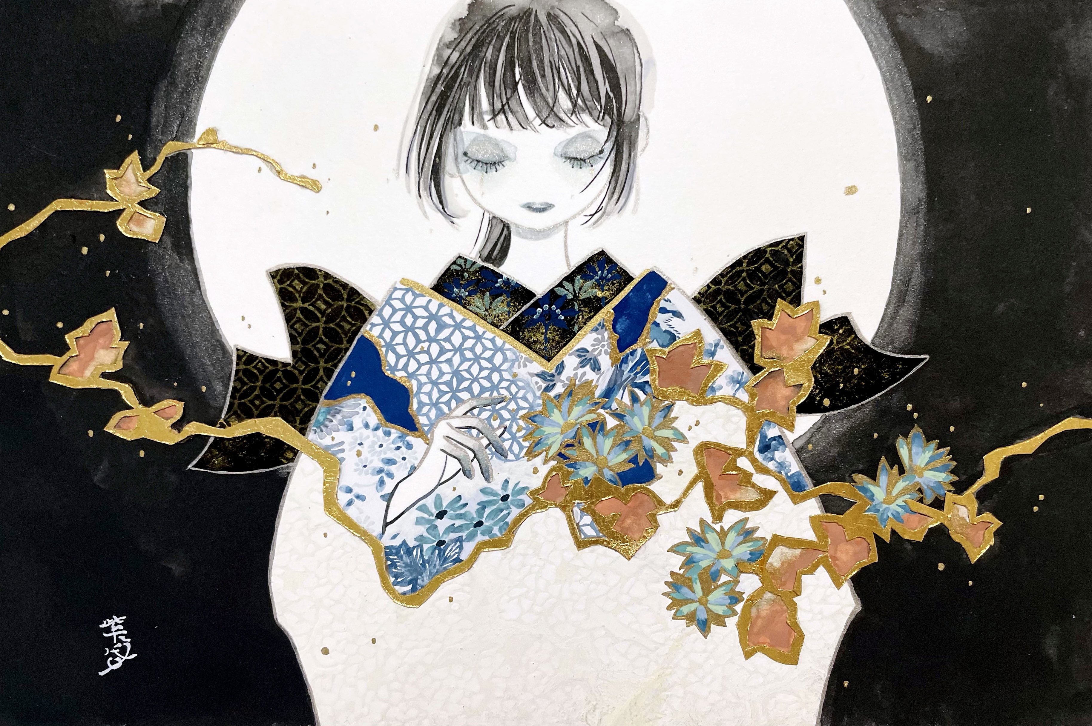 shiguretau, original, absurdres, highres, 1girl, black eyeshadow, black hair, black lips, blunt bangs, branch, closed eyes, eyelashes, eyeshadow, floral print, floral print kimono, flower, japanese clothes, kimono, layered kimono, makeup, multicolored kimono, obi, parted lips, ponytail, print kimono, sash, sidelocks, signature, solo, standing
