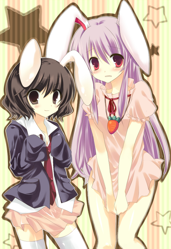 kinoko (hkn), knk, inaba tewi, reisen udongein inaba, touhou, bad id, bad pixiv id, 2girls, animal ears, black hair, cosplay, costume switch, covering crotch, covering privates, dress, female focus, long hair, multiple girls, oversized clothes, purple hair, rabbit ears, short hair, skirt, skirt tug, socks, undersized clothes