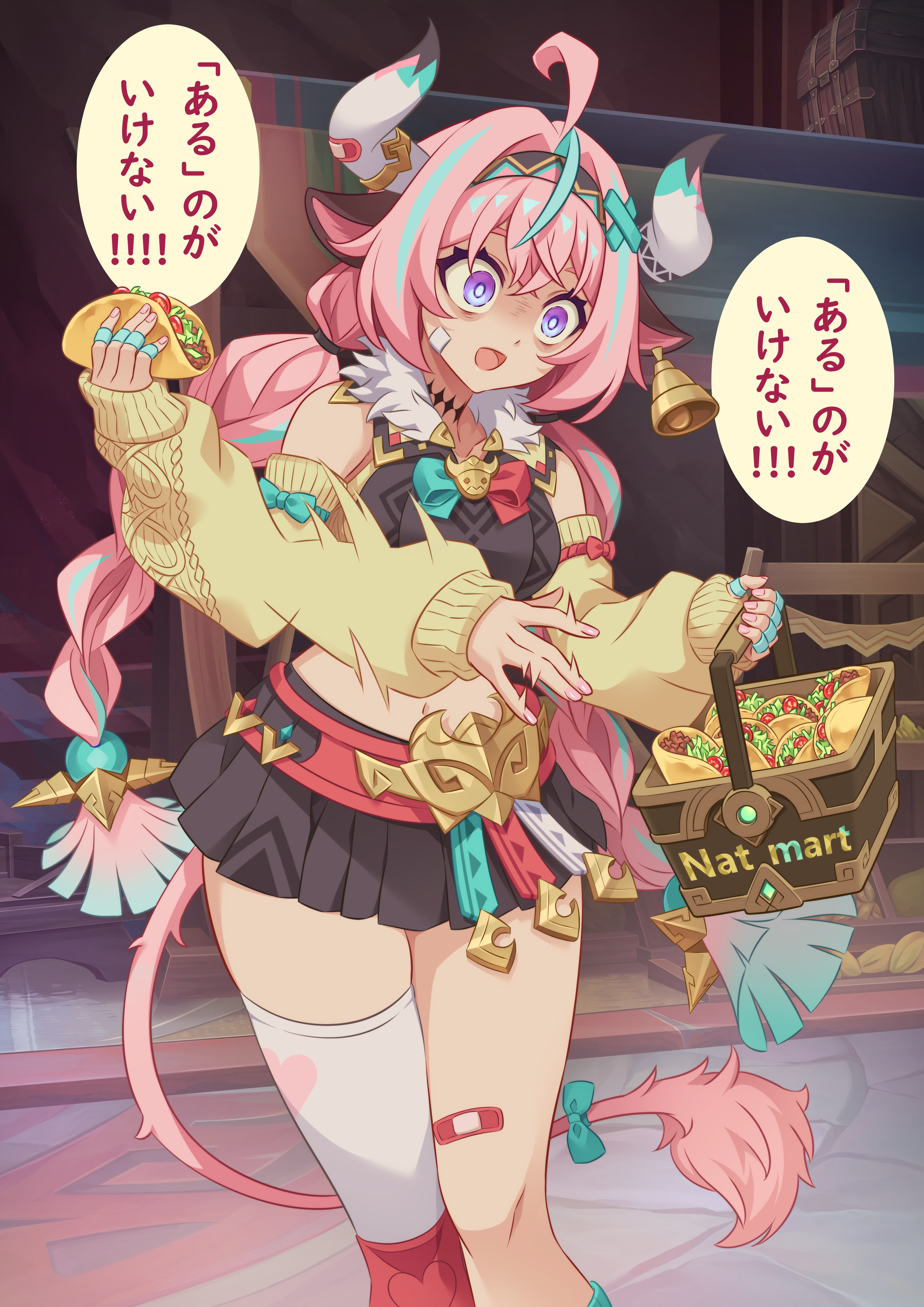 440 (straight440), varesa (genshin impact), dokagui daisuki! mochizuki-san, genshin impact, absurdres, highres, translation request, 1girl, afterimage, ahoge, animal ears, asymmetrical legwear, bags under eyes, bandaid, bandaid on cheek, bandaid on face, bandaid on horn, bandaid on leg, bell, bell earrings, bow, braid, bright pupils, cow ears, cow girl, cow horns, cow tail, cowbell, crop top, crossed bangs, detached sleeves, ear bell, earrings, empty eyes, feet out of frame, fingernails, food, fur collar, green hair, hair ornament, hairband, holding, holding food, horns, jewelry, long hair, low twin braids, midriff, miniskirt, multicolored hair, multicolored hairband, navel, parody, partially shaded face, pink hair, pink nails, pink tail, pleated skirt, purple eyes, shopping basket, single thighhigh, skirt, sleeves past wrists, solo, standing, stomach, streaked hair, taco, tail, tail bow, tail ornament, thighhighs, twin braids, two-tone hair, very long hair, wide-eyed, yellow sleeves