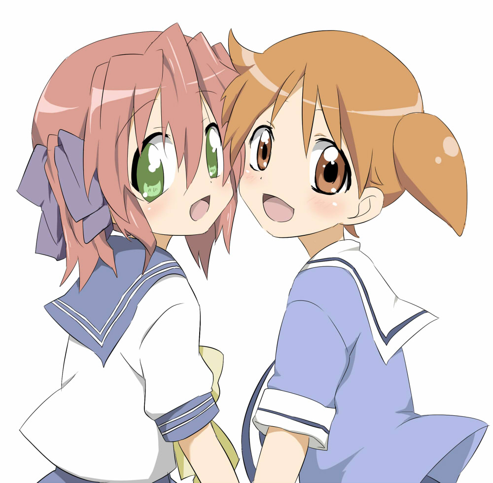 maruki (punchiki), kobayakawa yutaka, mihama chiyo, azumanga daiou, lucky star, bad id, bad pixiv id, 00s, 2girls, :d, brown eyes, child, crossover, green eyes, hair ribbon, multiple girls, open mouth, red hair, ribbon, school uniform, serafuku, short twintails, smile, twintails