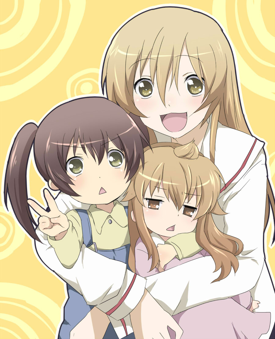 maruki (punchiki), minami chiaki, minami haruka, minami kana, minami-ke, bad id, bad pixiv id, 00s, 3girls, aged down, ahoge, brown eyes, brown hair, green eyes, multiple girls, school uniform, serafuku, siblings, sisters, twintails, v
