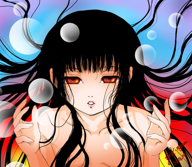 keinyan, enma ai, jigoku shoujo, 00s, black hair, blunt bangs, hime cut, long hair, nude, red eyes, solo