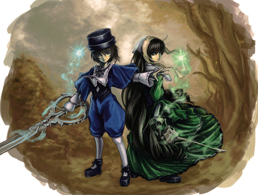 mono (pixiv38296), souseiseki, suiseiseki, rozen maiden, bad id, bad pixiv id, 00s, 2girls, brown hair, dress, hat, heterochromia, long hair, multiple girls, pantyhose, scissors, siblings, sisters, twins, very long hair, watering can