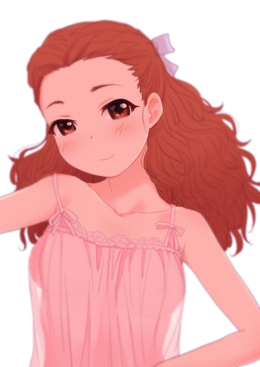 sakaki imasato, seki hiromi, idolmaster, idolmaster cinderella girls, highres, 1girl, blush, breasts, brown eyes, brown hair, camisole, long hair, looking at viewer, medium breasts, see-through silhouette, smile, solo, upper body, wavy hair