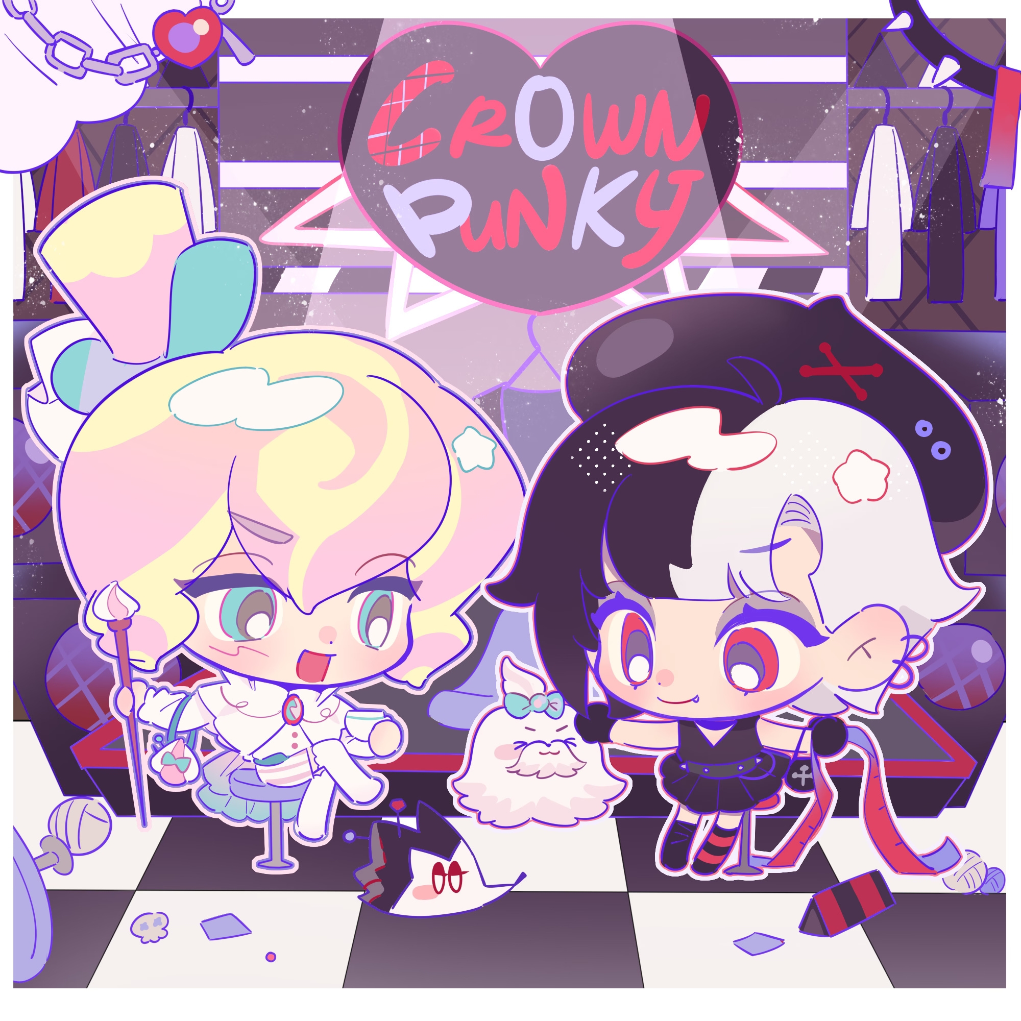 currant cream cookie, pastel meringue cookie, cookie run, cookie run: ovenbreak, chinese commentary, commentary request, highres, 1boy, 1girl, 20025950 (lofter), :d, androgynous, asymmetrical legwear, bag, bare shoulders, belt, beret, black belt, black gloves, black hair, black hat, black pinnypine, black shirt, black shoes, black skirt, black thighhighs, blonde hair, blue eyes, buttons, capelet, center-flap bangs, chain, checkered floor, chibi, chibi only, closed mouth, clothes rack, creamtese, cross-laced headwear, crossed legs, double-parted bangs, ear piercing, elbow carry, english text, fang, full body, gloves, hair behind ear, hair between eyes, halftone, handbag, hat, heart, holding, holding ribbon, holding staff, horizontal-striped thighhighs, indoors, long sleeves, looking at another, miniskirt, mismatched legwear, multicolored hair, open mouth, outline, pantyhose, piercing, pink hair, pink hat, pink outline, pink shorts, pleated skirt, red eyes, red ribbon, red thighhighs, ribbon, shirt, shoes, shorts, simple background, sitting, skirt, sleeveless, sleeveless shirt, smile, spiked belt, split-color hair, spotlight, staff, standing, streaked hair, striped clothes, striped shorts, thighhighs, top hat, two-tone hair, two-tone shorts, two-tone thighhighs, v-neck, vertical-striped clothes, vertical-striped shorts, white bag, white capelet, white hair, white pantyhose, white shirt, white shorts, zettai ryouiki