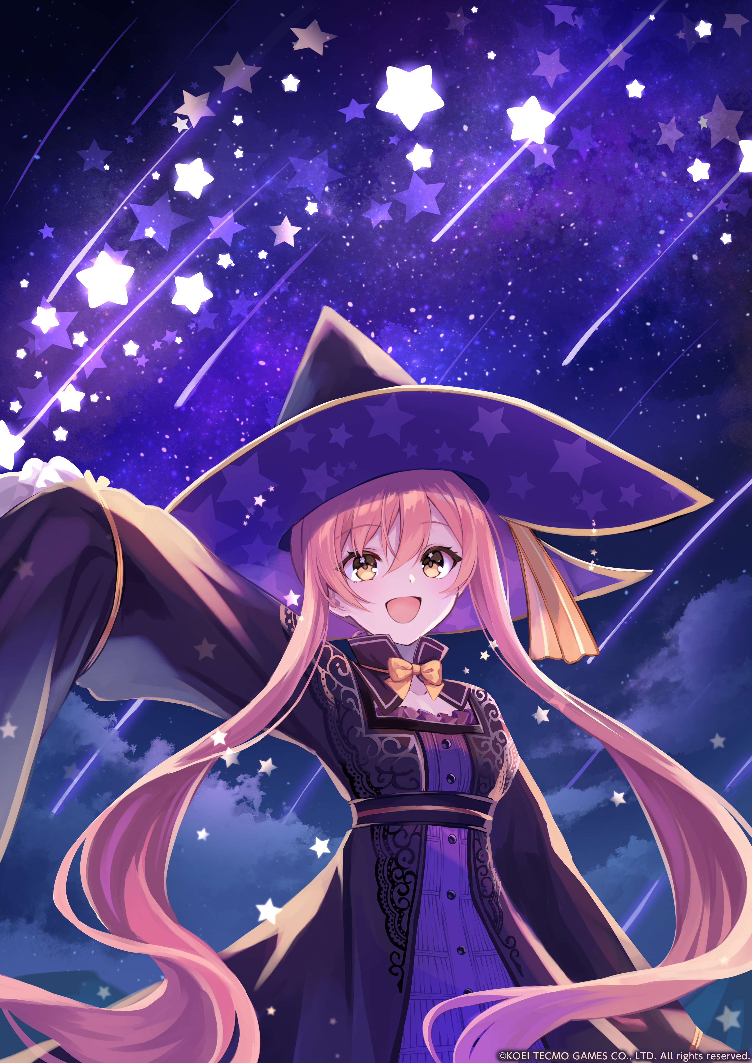 kure~pu, wilbell voll-ersleid, atelier (series), atelier ayesha, atelier resleriana, atelier resleriana: the red alchemist & the white guardian, absurdres, highres, official art, second-party source, 1girl, :d, bow, brown eyes, hair between eyes, hat, long hair, long sleeves, looking at viewer, night, night sky, open mouth, orange bow, outdoors, pink hair, sky, sleeves past fingers, sleeves past wrists, smile, solo, standing, star (sky), star (symbol), star print, starry sky, witch hat