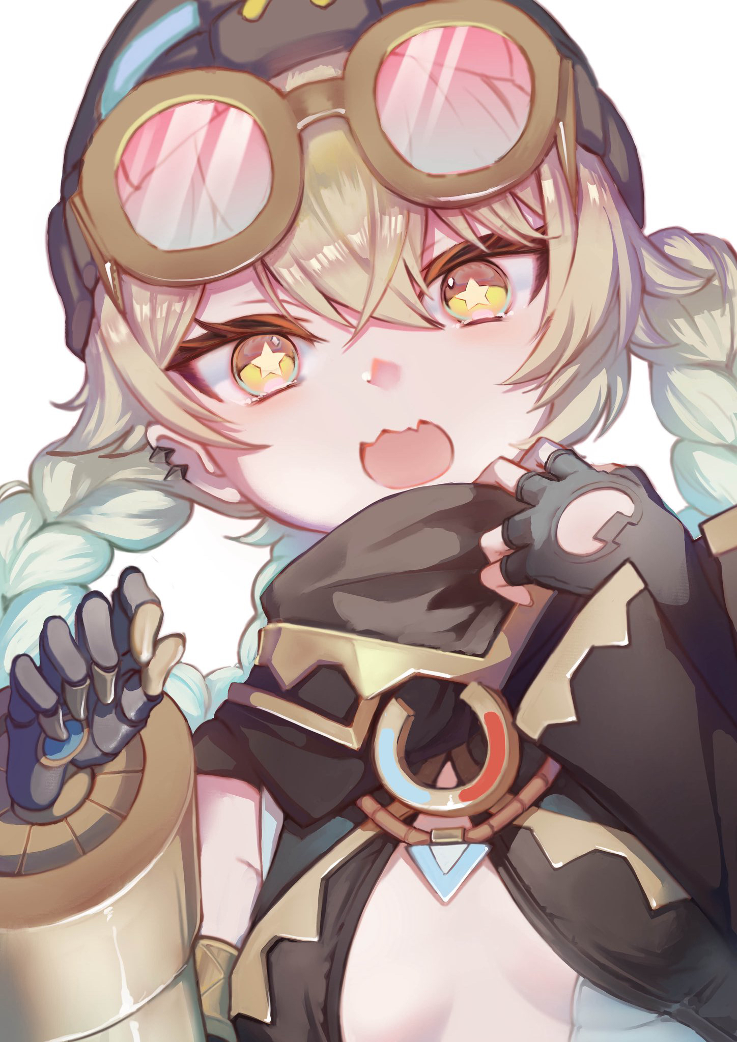 hinagi kei, jahoda (genshin impact), genshin impact, highres, 1girl, black gloves, black scarf, blonde hair, braid, breasts, fingerless gloves, gloves, goggles, goggles on head, long hair, long sleeves, looking at viewer, mechanical arms, medium breasts, open mouth, scarf, simple background, single mechanical arm, solo, star-shaped pupils, star (symbol), symbol-shaped pupils, twin braids, very long hair, white background, yellow eyes