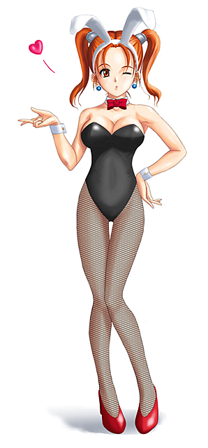 jessica albert, dragon quest, dragon quest viii, square enix, 1girl, alternate costume, animal ears, bare shoulders, black leotard, blowing kiss, bow, bowtie, breasts, cleavage, detached collar, earrings, fake animal ears, female focus, fishnet pantyhose, fishnets, full body, hand on own hip, heart, high heels, hip focus, jewelry, large breasts, leotard, matching hair/eyes, one eye closed, orange eyes, orange hair, pantyhose, playboy bunny, rabbit ears, red shoes, shoes, solo, standing, twintails, wink, wrist cuffs