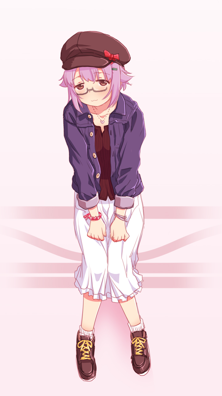 sakaki imasato, koshimizu sachiko, idolmaster, idolmaster cinderella girls, highres, 1girl, blush, bracelet, brown eyes, full body, glasses, hat, jacket, jewelry, light smile, looking at viewer, newsboy cap, open clothes, open jacket, purple hair, short hair, sitting, skirt, solo