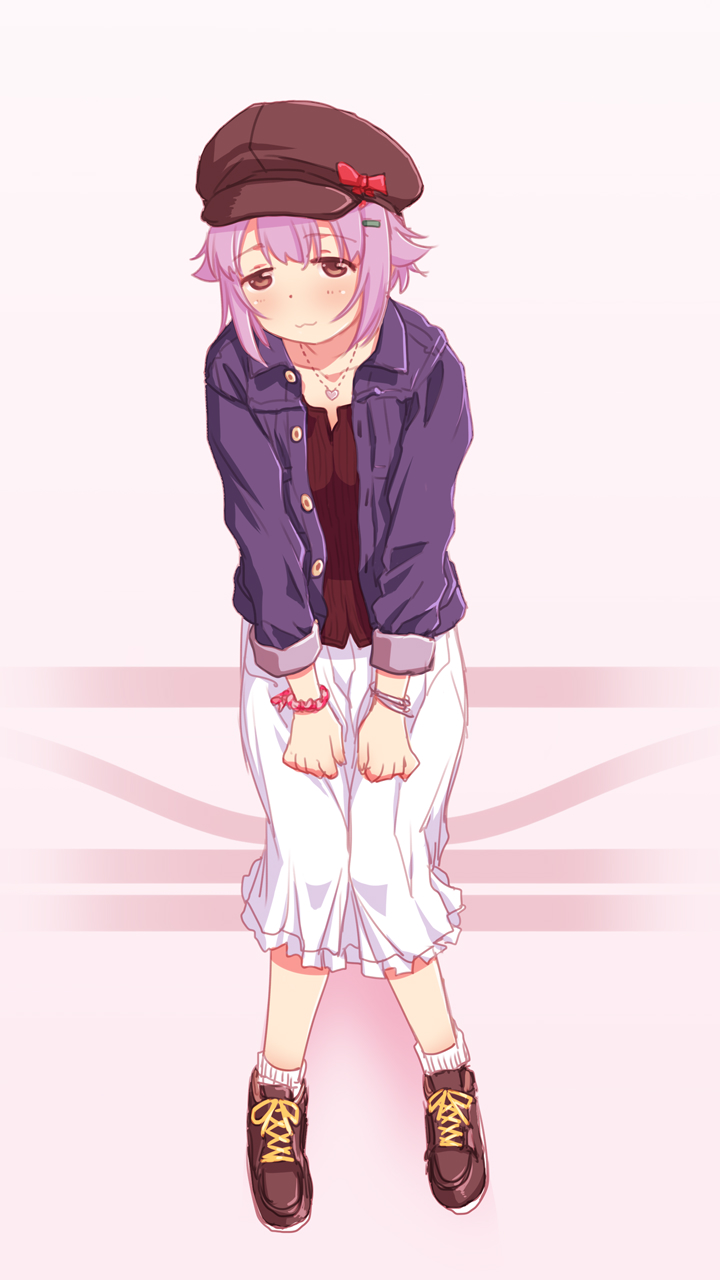 sakaki imasato, koshimizu sachiko, idolmaster, idolmaster cinderella girls, highres, 1girl, blush, bracelet, brown eyes, full body, hat, jacket, jewelry, light smile, looking at viewer, newsboy cap, open clothes, open jacket, purple hair, short hair, sitting, skirt, solo