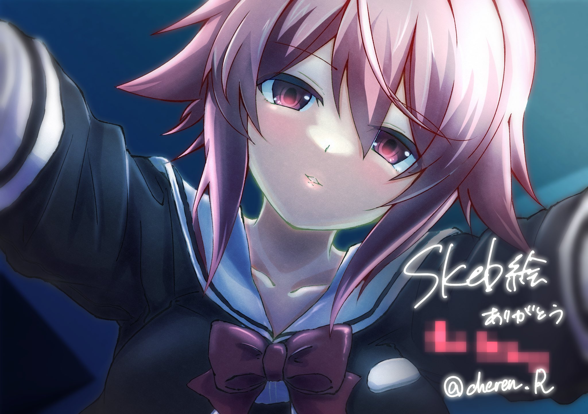 onoe serika, chaos;child, science adventure, highres, 1girl, blush, bow, character name, cheren r, grin, hair between eyes, hekiho academy school uniform, long sleeves, looking at viewer, narrowed eyes, pink eyes, pink hair, sailor collar, school uniform, serafuku, short hair, smile, solo, twitter username, upper body