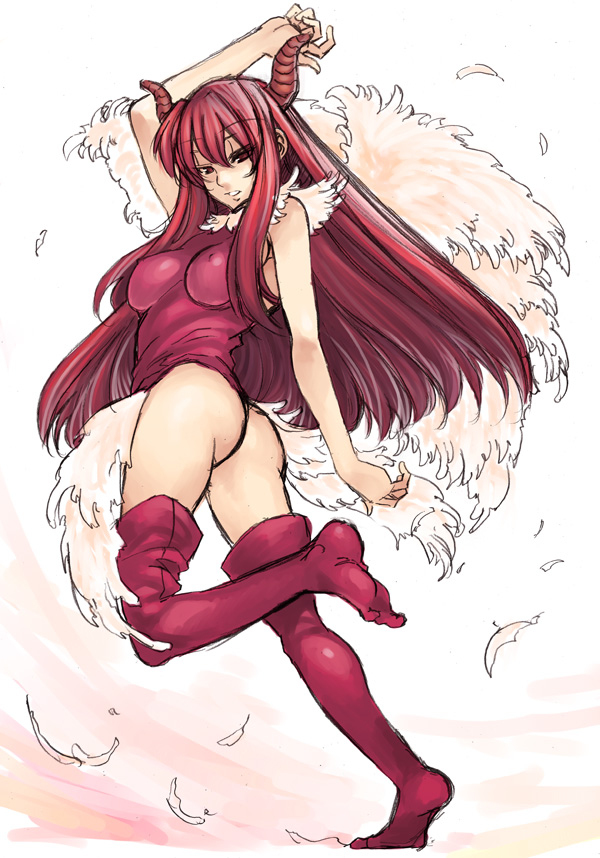 mizuryu kei, akura (arc the lad), arc the lad, arc the lad ii, 1girl, ass, breasts, covered erect nipples, feathers, feet, female focus, horns, large breasts, leg lift, leotard, long hair, panties, red eyes, red hair, red leotard, solo, thighhighs, thong, thong leotard, underwear, wings