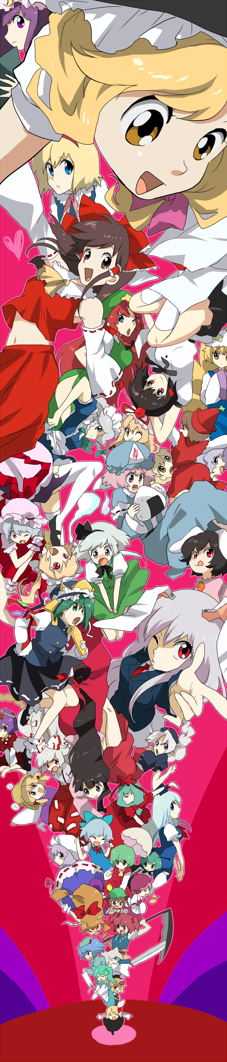 machiko (beard), aki minoriko, alice margatroid, chen, cirno, flandre scarlet, fujiwara no mokou, hakurei reimu, hong meiling, houraisan kaguya, ibuki suika, inaba tewi, inubashiri momiji, izayoi sakuya, kagiyama hina, kamishirasawa keine, kawashiro nitori, kazami yuuka, kirisame marisa, kochiya sanae, konpaku youmu, konpaku youmu (ghost), letty whiterock, lunasa prismriver, lyrica prismriver, merlin prismriver, moriya suwako, mystia lorelei, onozuka komachi, patchouli knowledge, reisen udongein inaba, remilia scarlet, rumia, saigyouji yuyuko, shameimaru aya, shiki eiki, wriggle nightbug, yagokoro eirin, yakumo ran, yakumo yukari, yasaka kanako, cutie honey, touhou, silver hair, absurdres, bad id, bad pixiv id, highres, long image, tall image, > <, 6+girls, ^ ^, animal ears, antennae, apron, ascot, black eyes, black hair, blonde hair, blue eyes, blue hair, book, bow, braid, brown eyes, brown hair, cape, cat ears, cat girl, cat tail, chain, closed eyes, crescent, crescent moon, cutie honey (parody), detached sleeves, dress, everyone, fang, female focus, food, fox tail, frog, front ponytail, fruit, gem, ghost, gohei, grapes, green eyes, green hair, grey eyes, hair bobbles, hair bow, hair ornament, hair ribbon, hairband, hand fan, hat, hat bow, hat ribbon, heart, horns, ice, japanese clothes, katana, knife, long hair, maid, maid apron, midriff, miko, mirror, moon, multiple girls, multiple tails, musical note, one eye closed, onigiri, open mouth, outstretched arms, pants, parasol, parody, pink eyes, pink hair, plaid clothes, plaid skirt, plaid vest, purple eyes, purple hair, rabbit ears, red eyes, ribbon, rod of remorse, scythe, short hair, side ponytail, skirt, skirt set, smile, star (symbol), sword, tail, tokin hat, tongue, twin braids, twintails, two side up, umbrella, vest, weapon, wings, wink, yellow eyes