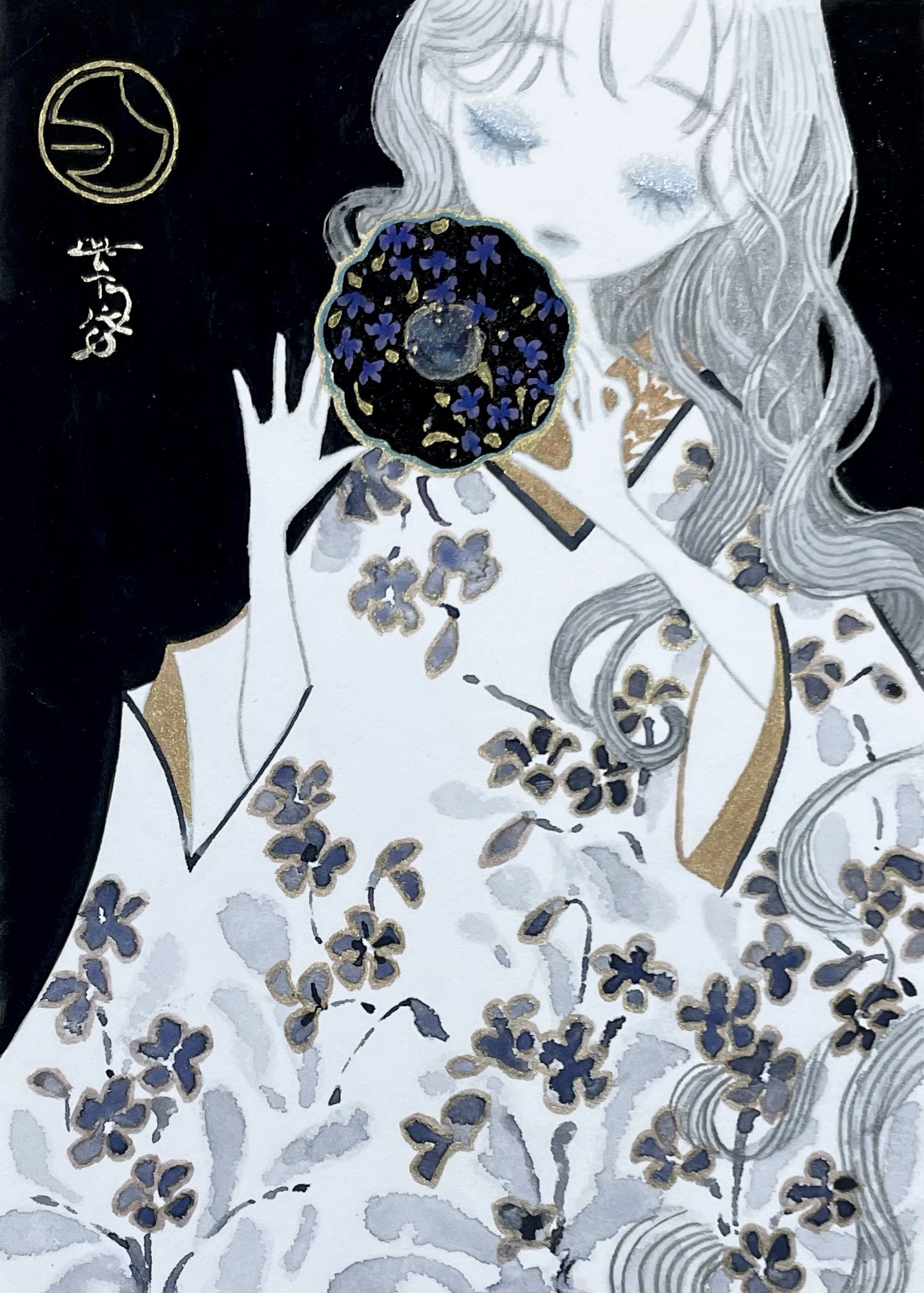 shiguretau, original, absurdres, highres, 1girl, artist logo, black lips, blue eyeshadow, blunt bangs, closed eyes, closed mouth, colored skin, curly hair, eyelashes, eyeshadow, facing viewer, holding, japanese clothes, kimono, logo, long hair, makeup, print kimono, raised eyebrows, signature, solo, very long hair, white hair, white skin, wide sleeves