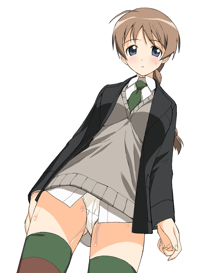 lynette bishop, strike witches, a1, striped, striped legwear, blue eyes, braid, brown hair, necktie, panties, pussy juice, school uniform, serafuku, single braid, thighhighs, underwear