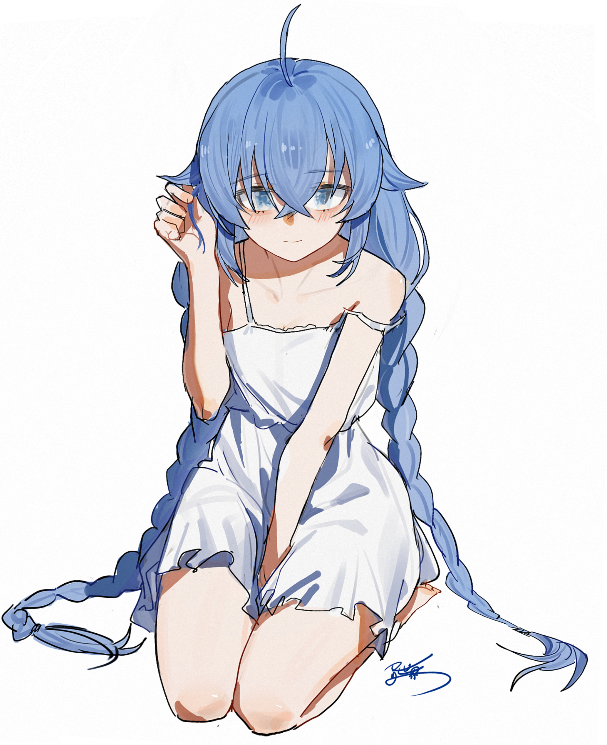 yisjhui, roxy migurdia, mushoku tensei, absurdres, highres, 1girl, ahoge, bare legs, barefoot, between legs, blue eyes, blue hair, blush, braid, breasts, chemise, cleavage, collarbone, crossed bangs, dress, full body, hair between eyes, hand between legs, knee blush, long hair, looking at viewer, low twintails, petite, playing with own hair, seiza, shoulder blush, signature, simple background, sitting, small breasts, solo, spaghetti strap, straight-on, strap slip, twin braids, twintails, very long hair, white background, white chemise, white dress