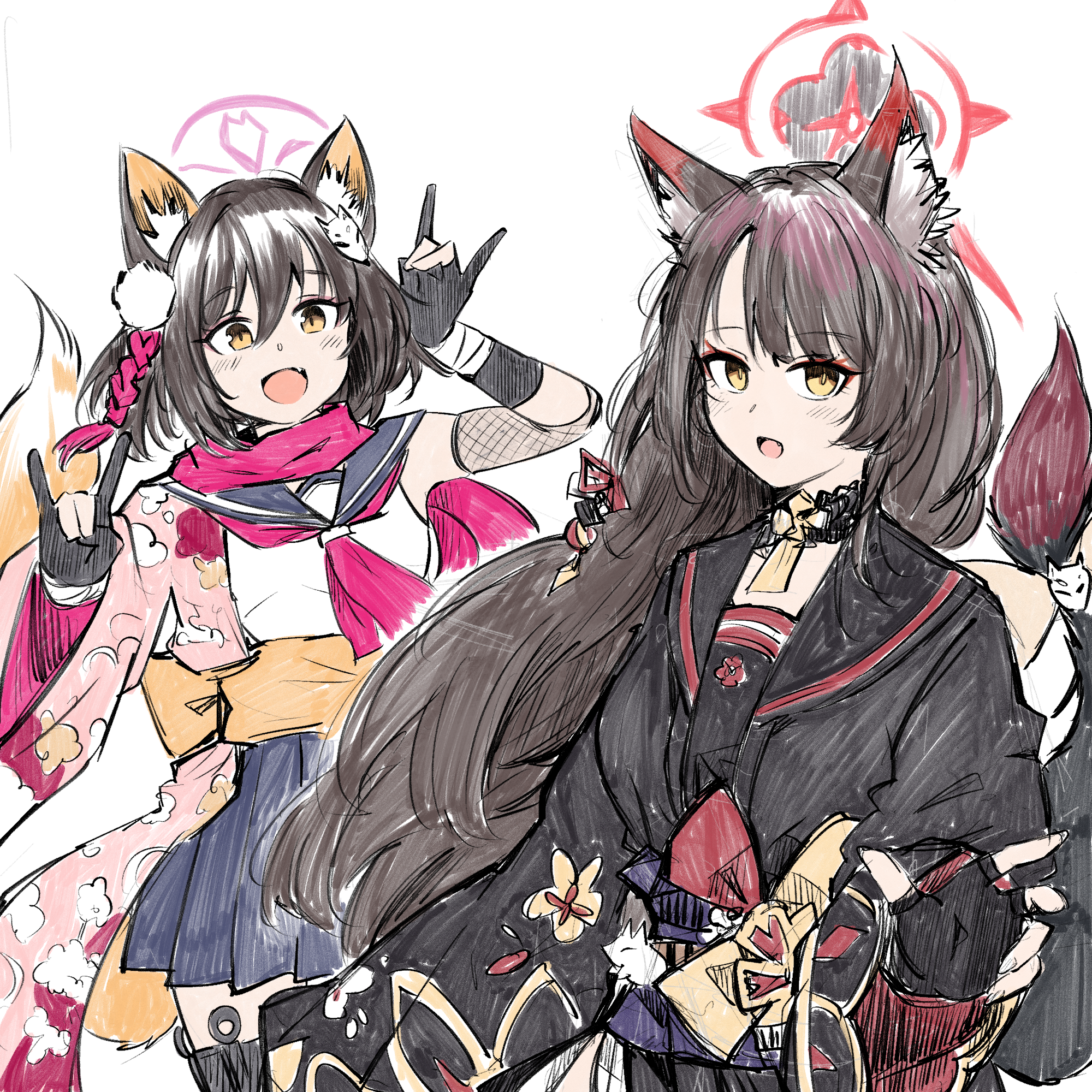 nanashi (pixiv 98920795), izuna (blue archive), wakamo (blue archive), blue archive, highres, 2girls, animal ears, black hair, blush, breasts, fox ears, halo, japanese clothes, kimono, long hair, looking at viewer, medium breasts, multiple girls, open mouth, simple background, standing, tail, white background, yellow eyes