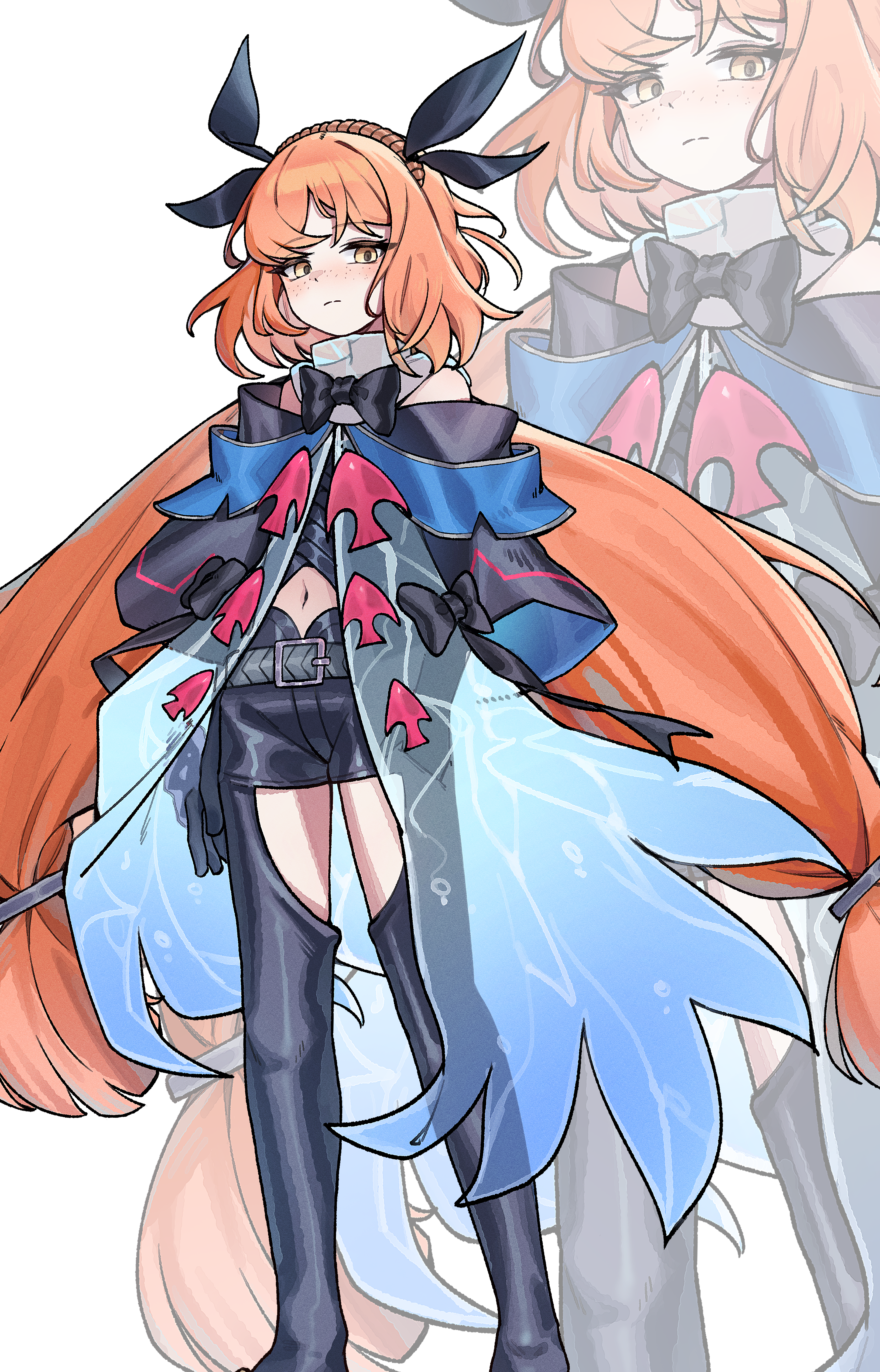 jambujok, ishmael (project moon), skadi (arknights), arknights, limbus company, project moon, absurdres, highres, 1girl, black pants, closed mouth, clothing cutout, cosplay, freckles, long hair, low twintails, navel, orange hair, pants, simple background, skadi (arknights) (cosplay), standing, thigh cutout, tidal elegy (e.g.o), twintails, very long hair, white background, yellow eyes, zoom layer